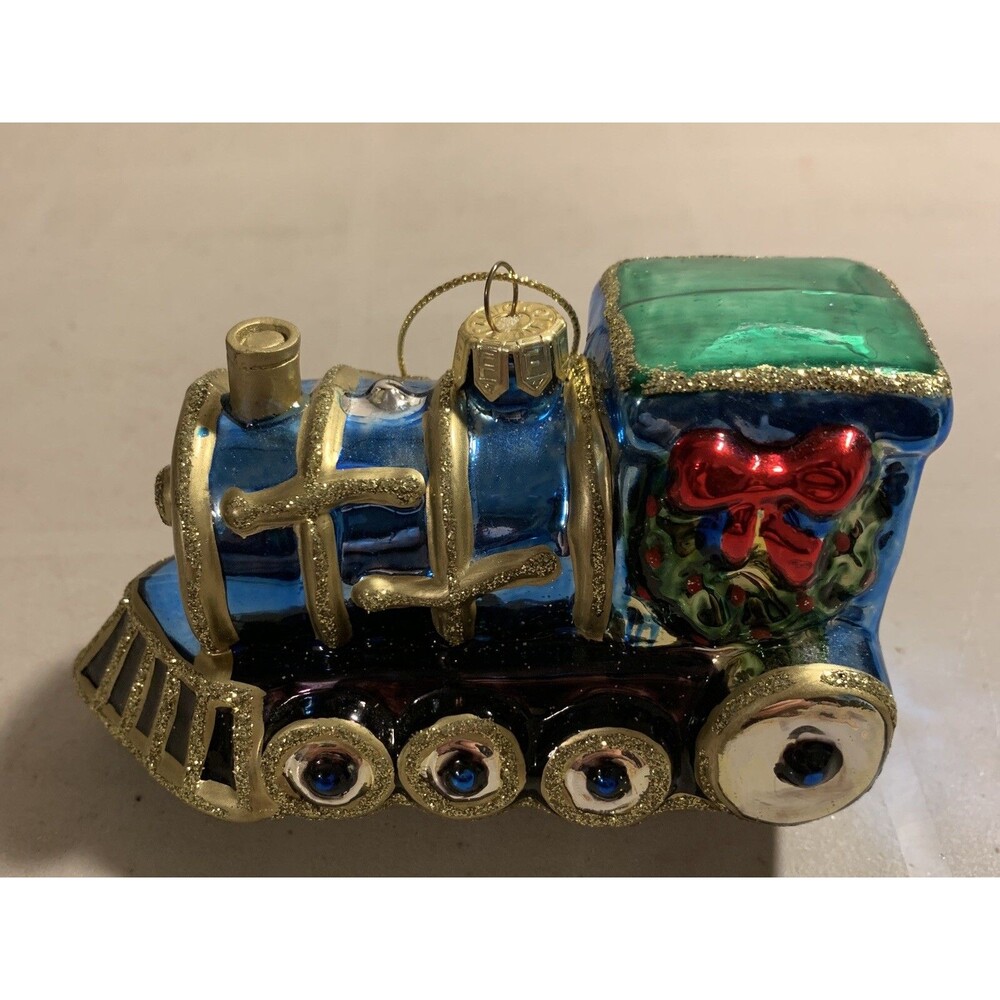 Vintage Fitz and Floyd Train Ornament Christmas Blown Glass Blue Gold
